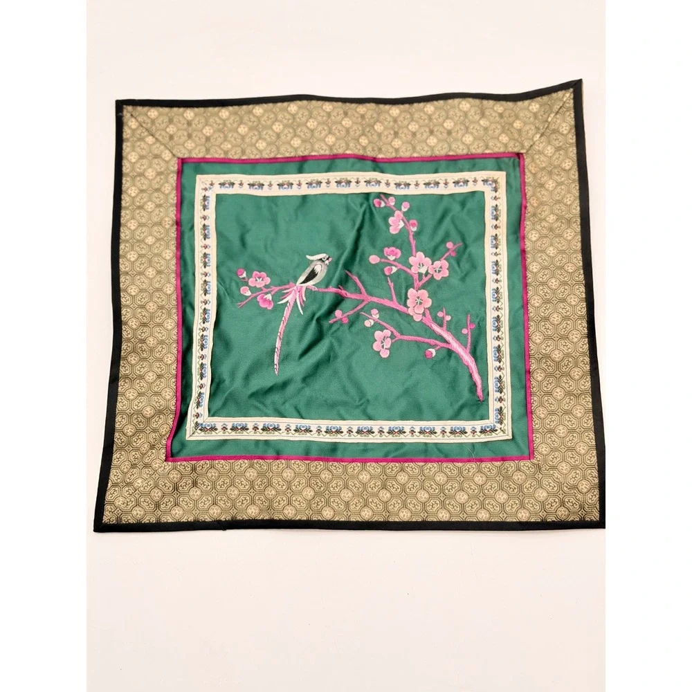 Vintage Chinese Hand Embroidered Silk Textile Bird Cherry Blossom Green 12x12
